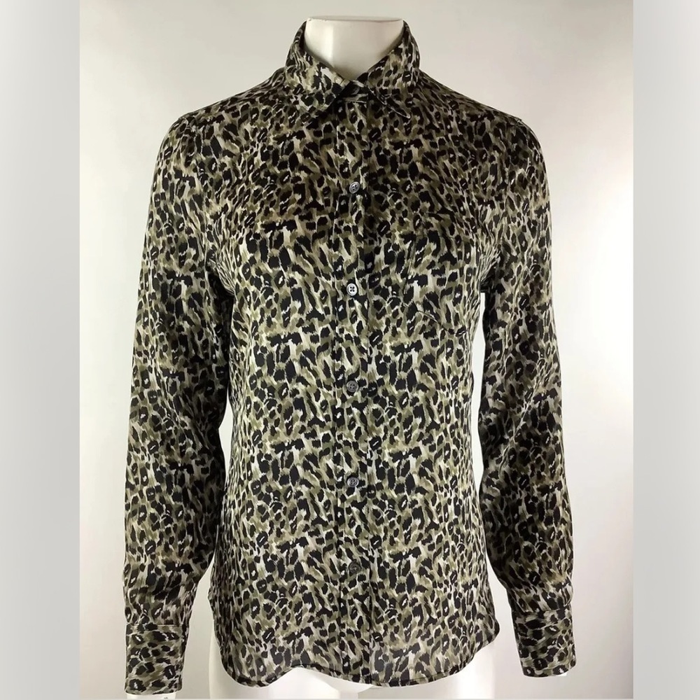 Equipment Femme Sz S Brett Button Blouse In Animal Print Brown Polyester Top